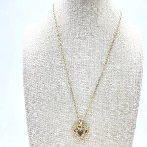 Gold Tone Heart Pendant Necklace Clear Rhinestones Sparkle Romantic Jewelry